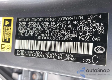 2015 Lexus Es z USA, uszkodzony, nr VIN JTHBK1GG3F2155925